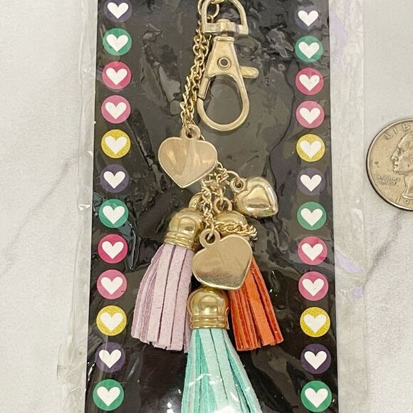 Gold Tone Purple Green Orange Tassel Heart Bag Charm Keychain Keyring - Picture 7 of 8